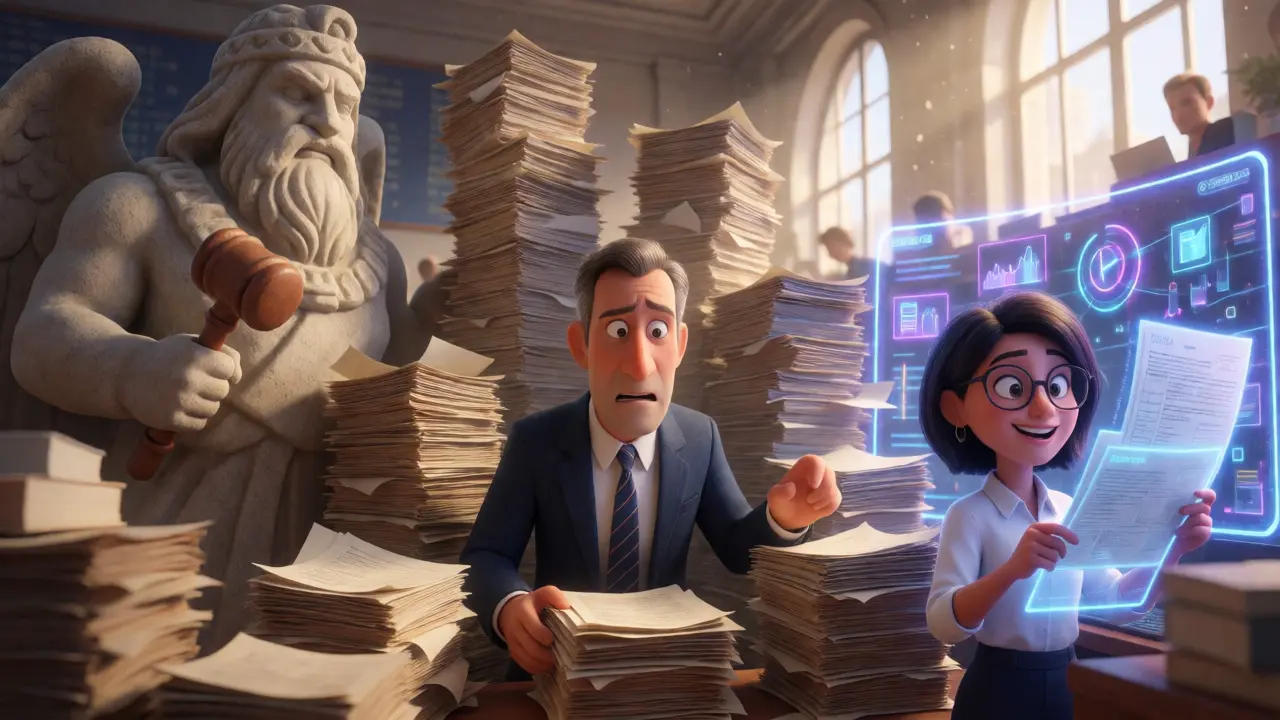 Banker overwhelmed by paperwork while a colleague manages digital compliance tools.