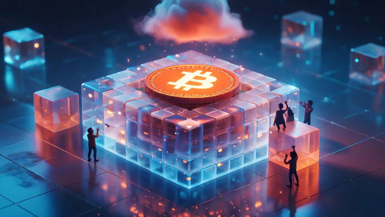 Bitcoin coin secured in a digital vault by workers representing Babylon protocol.