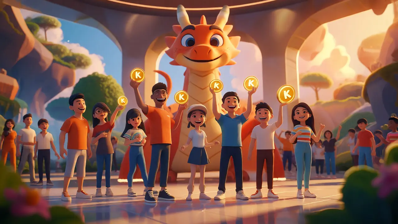 Cartoon avatars celebrating with KART tokens under a dragon mascot