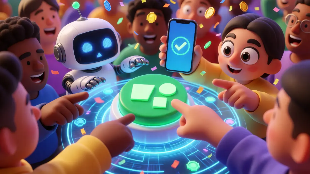 Cartoon avatars clicking buttons amidst falling coin confetti