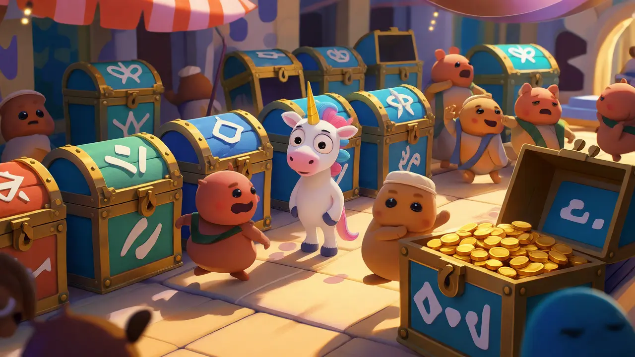 Cartoon characters searching through treasure chests representing token supplies.