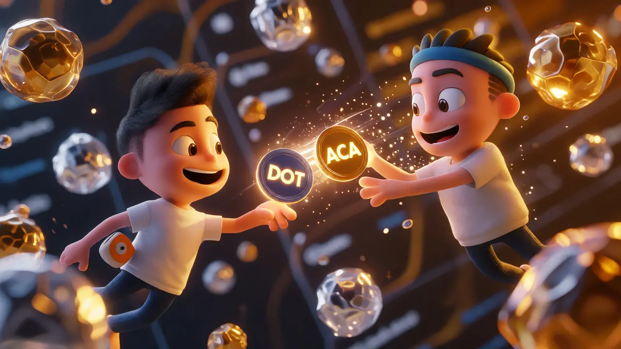 Cartoon characters swiftly swapping glowing crypto tokens amidst floating liquidity pools