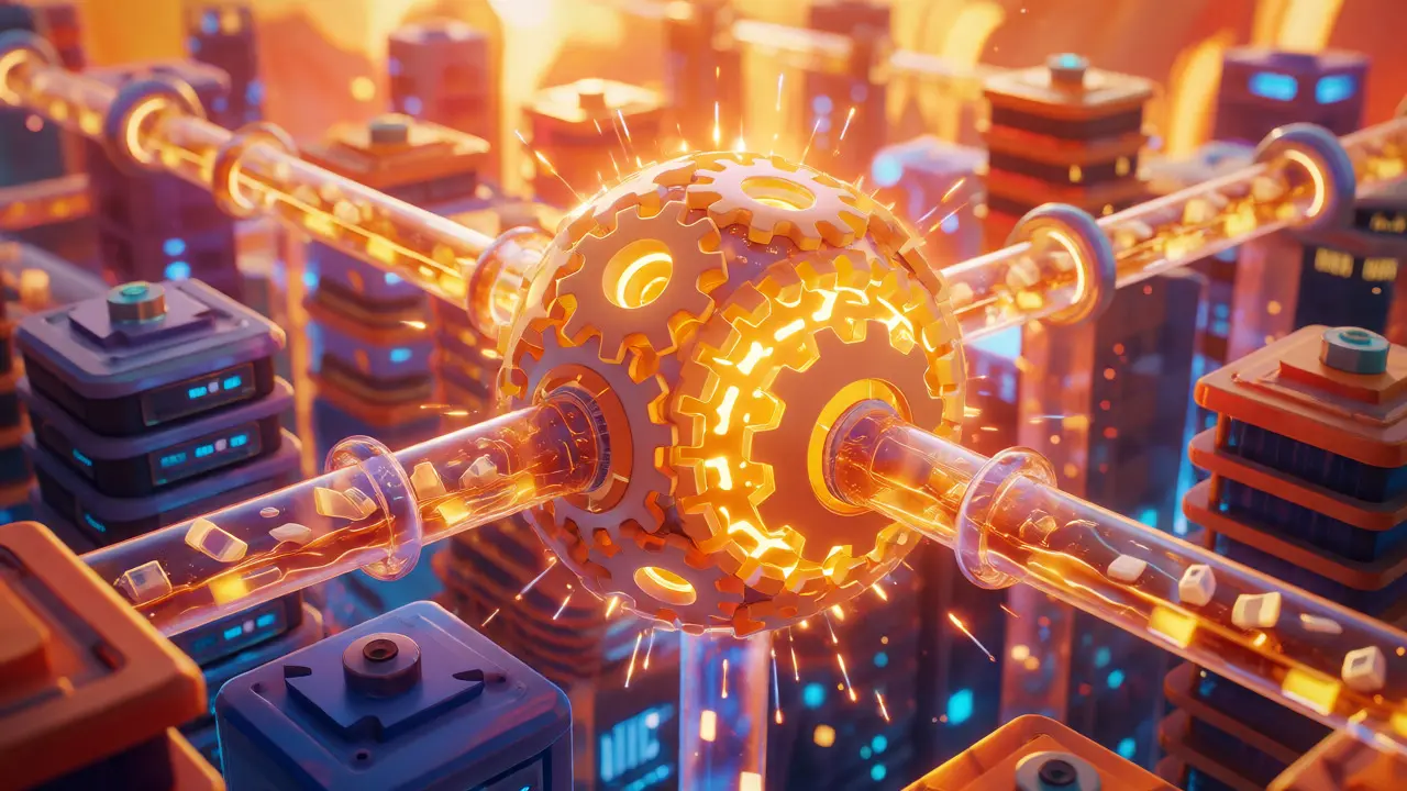 Central sun-like hub connecting various blockchain rollups via glowing pipelines