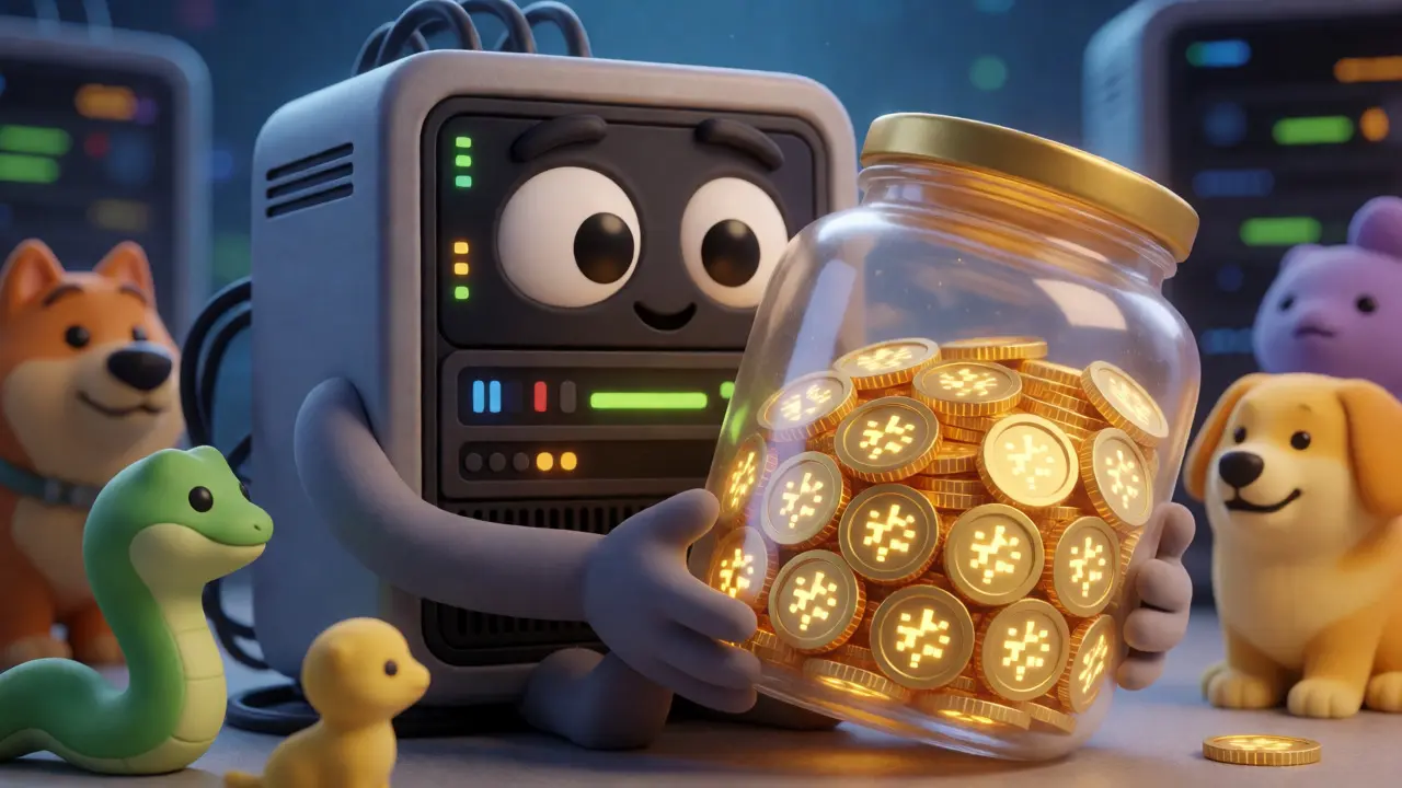 Character holding jar of fixed-supply KANGO tokens
