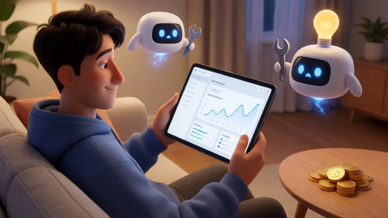 Character relaxing with AI helpers and tablet in living room