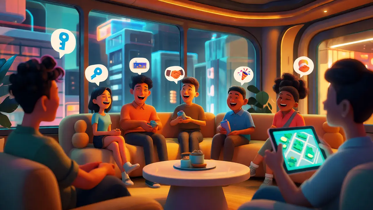 Community members enjoying NFT utilities like access and networking in a futuristic lounge setting.