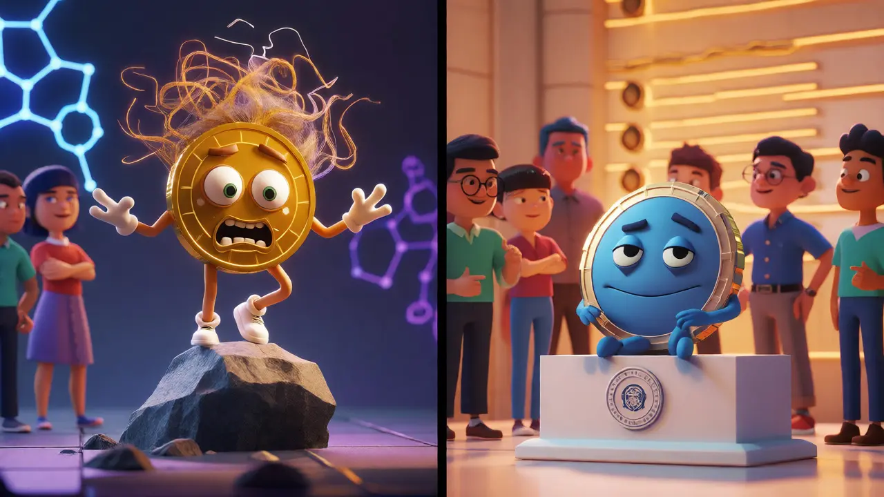 Comparison of a chaotic crypto coin and a stable CBDC token observed by cartoon citizens.