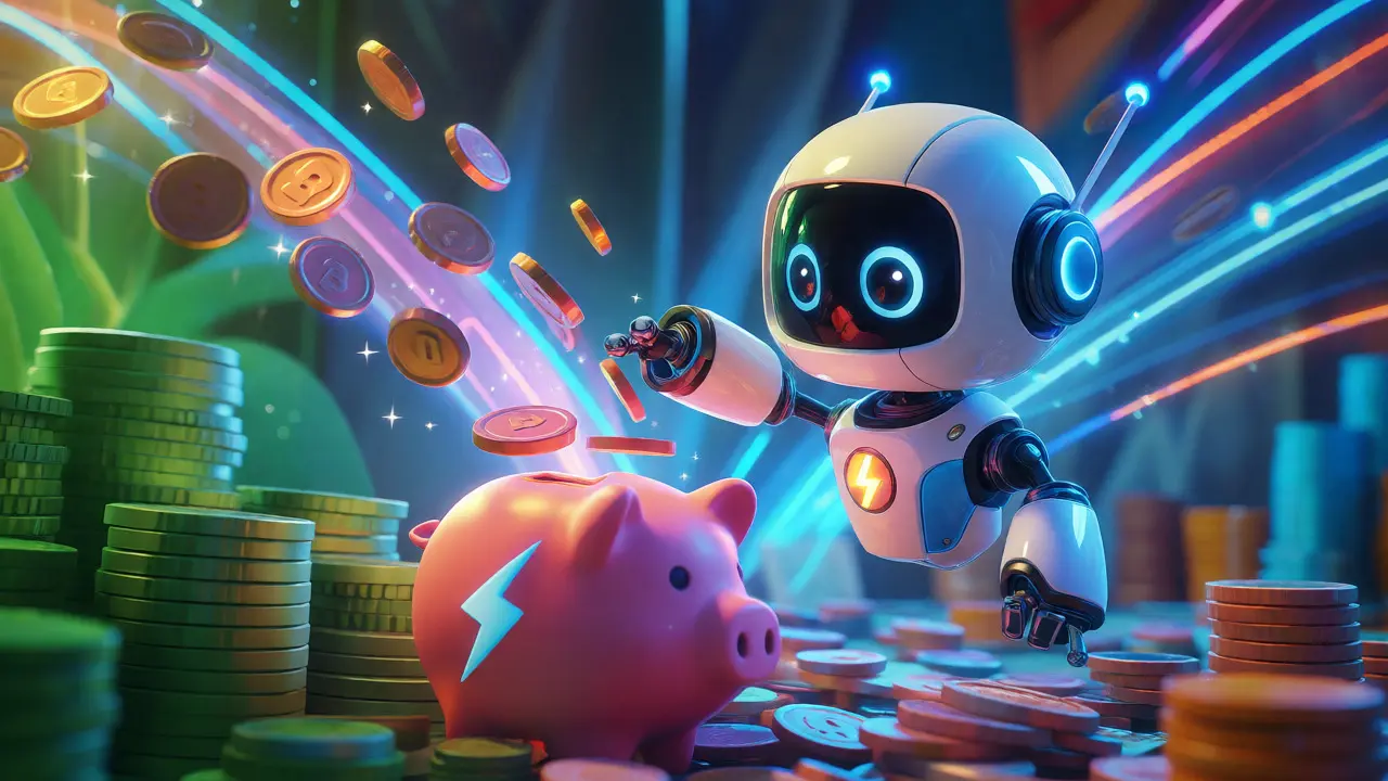 Cute robot sorting coins quickly into a lightning-bolt piggy bank