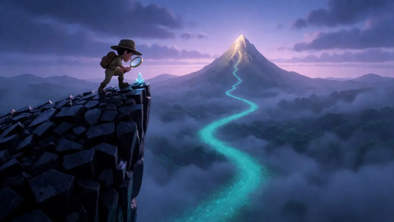 Explorer standing on a cliff overlooking a winding path up a misty mountain.