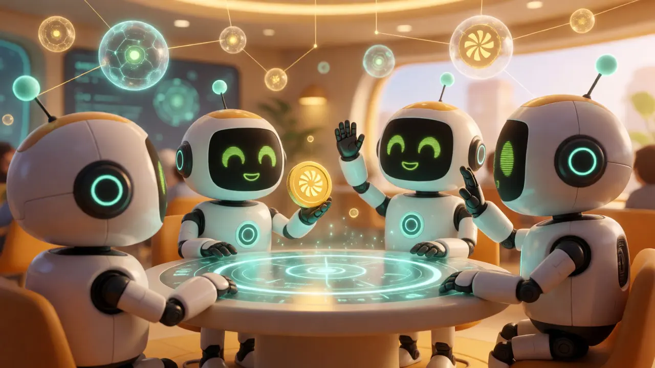 Friendly robots voting on a holographic table with a glowing turbine coin.