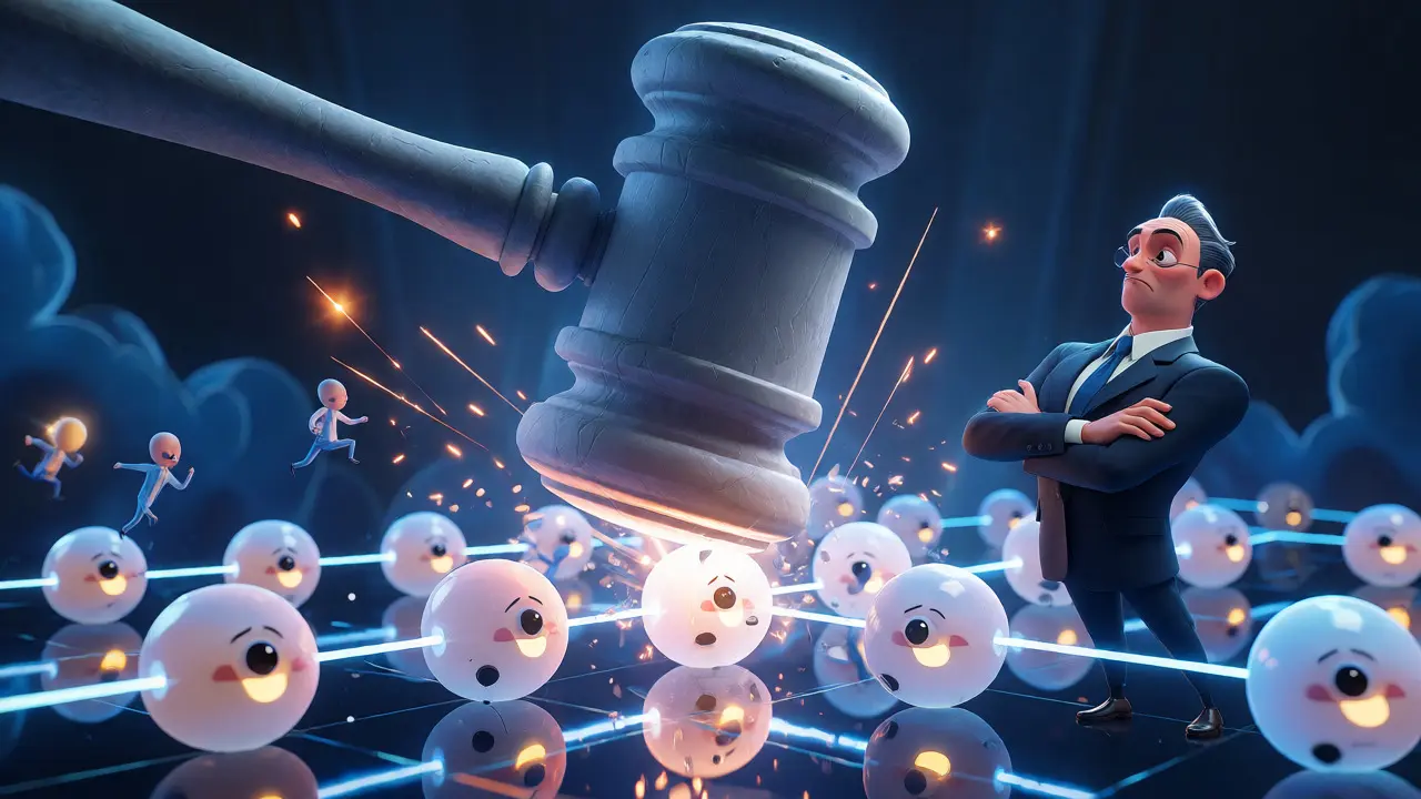 Gavel crushing digital blockchain orbs