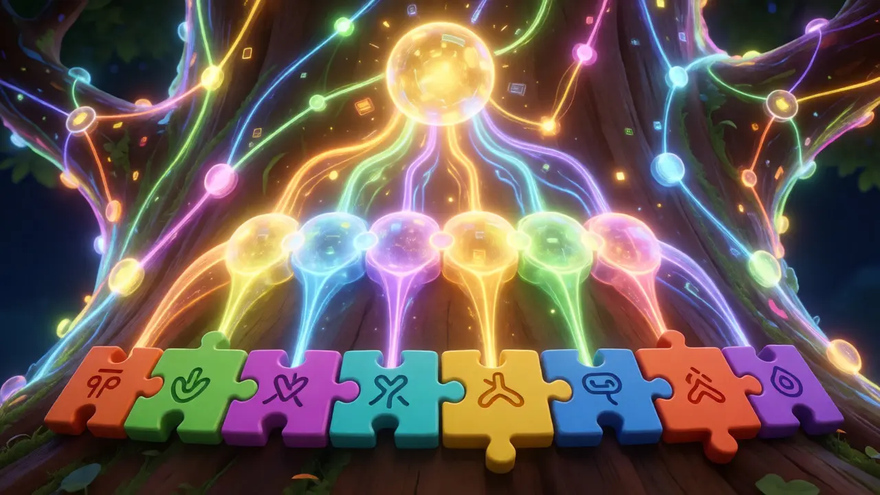 Glowing digital tree structure showing data merging into a root