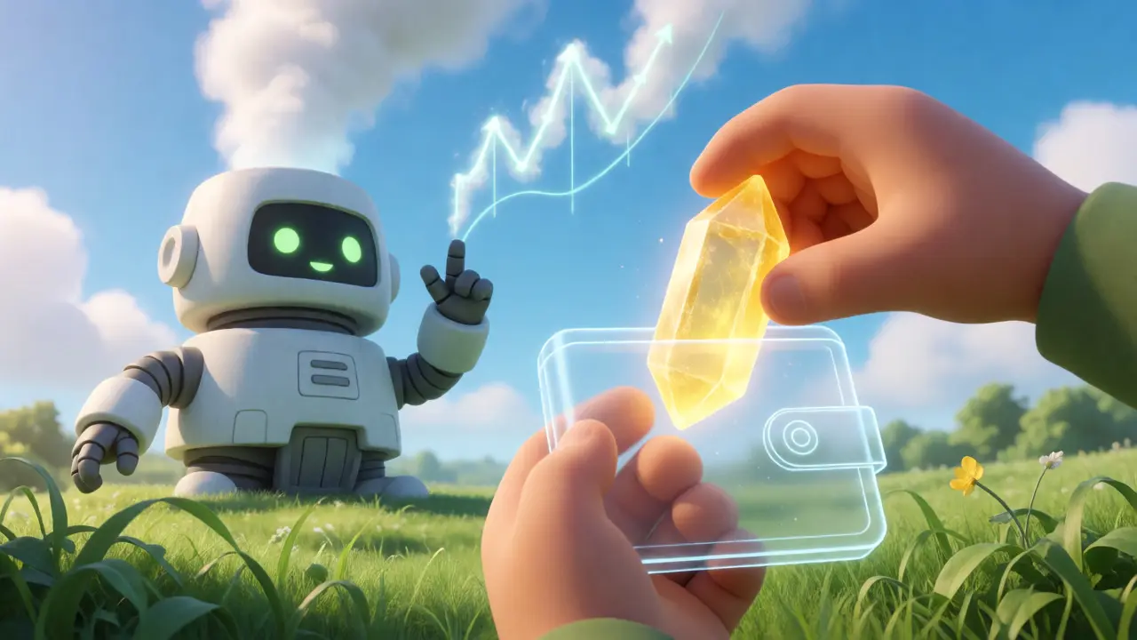 Hands placing a glowing uranium crystal into a floating digital wallet near a power plant.