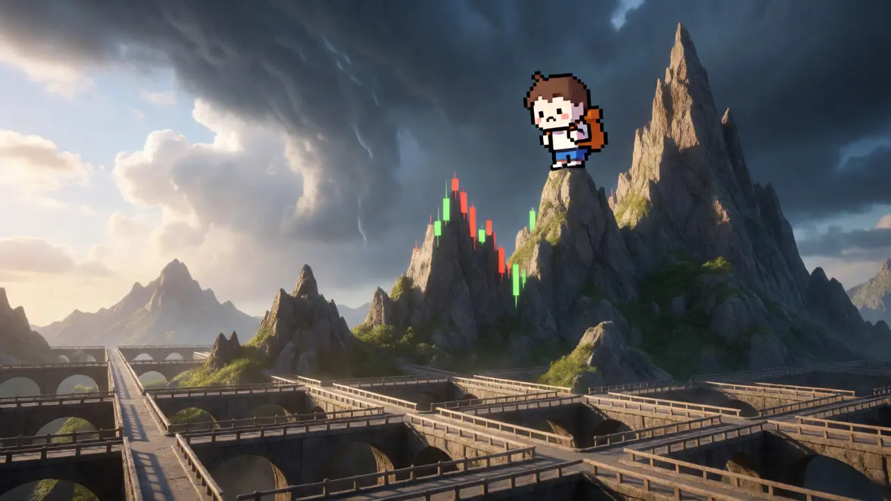 Mascot on volatile chart mountain near digital wallet