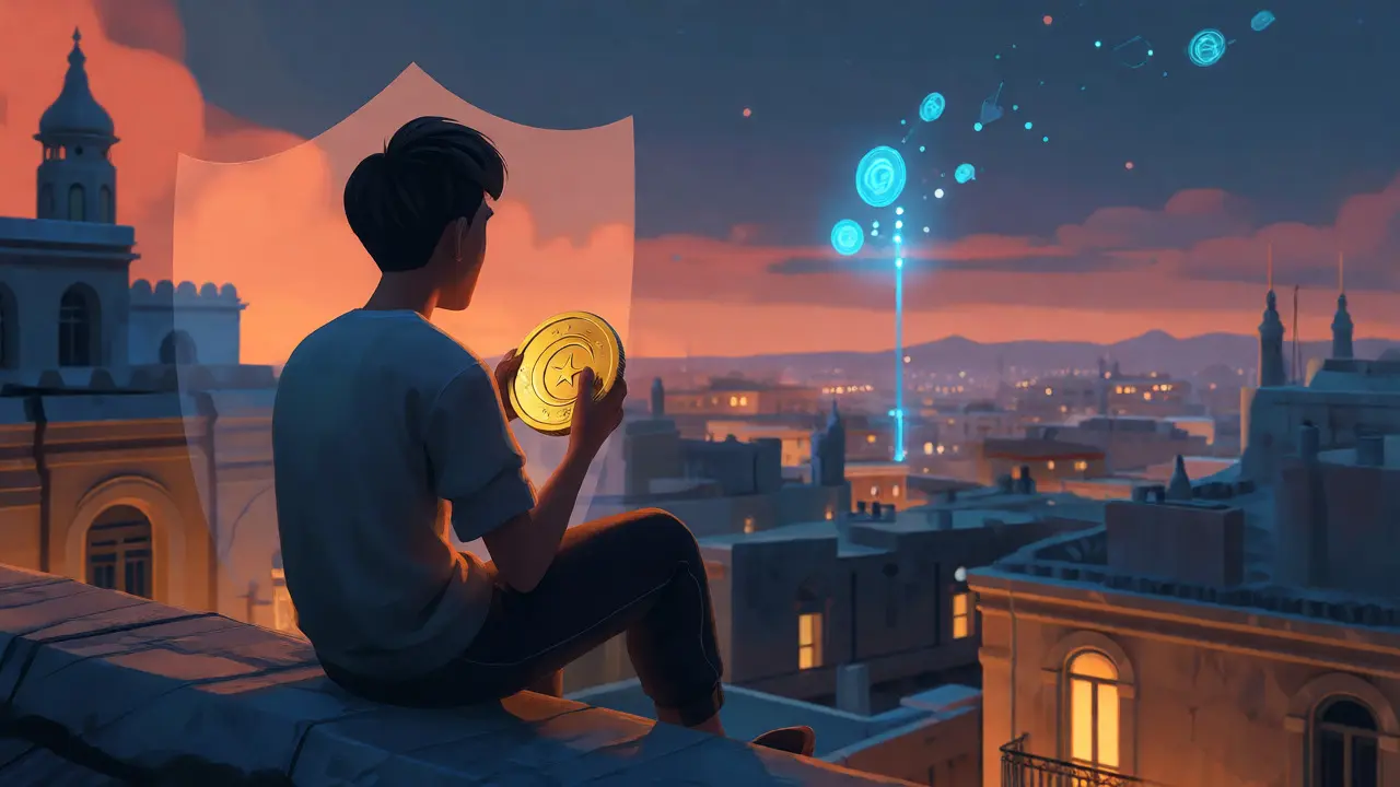 Person on rooftop holding dinar coin