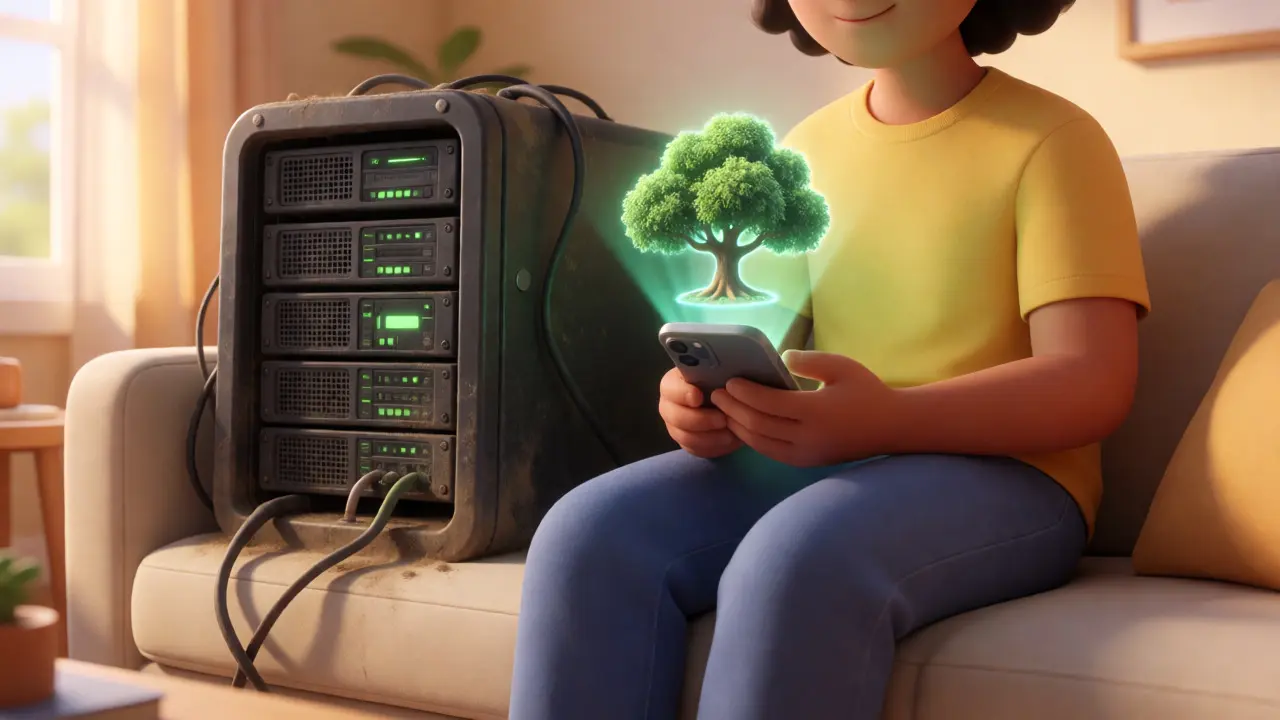 Person using a phone with a holographic proof next to a server