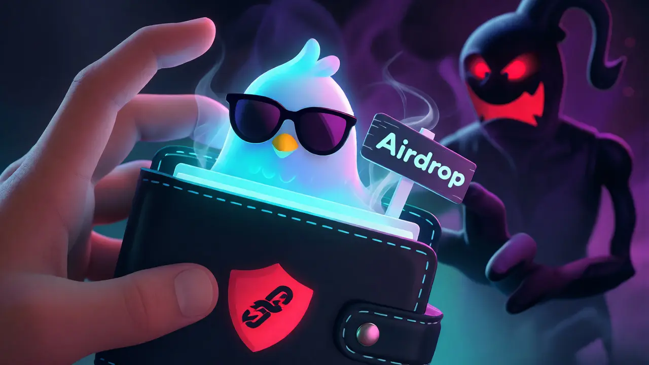 Phantom bird emerging from a wallet with a shadowy phishing threat in the background.