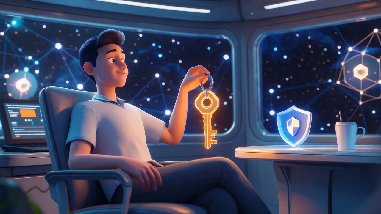 Relaxed user holding a golden key in a secure high-tech room overlooking the blockchain cosmos