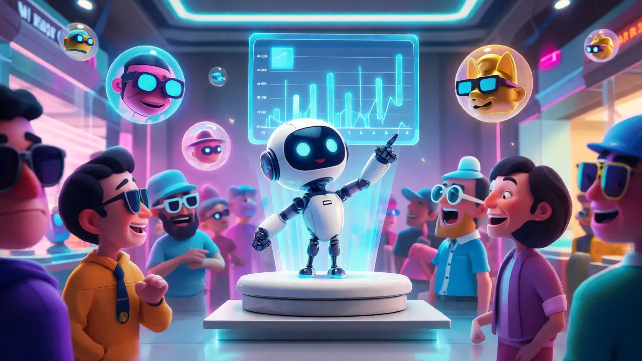 Robot auctioneer presenting rare NFT traits to enthusiastic collectors in a vibrant digital marketplace.