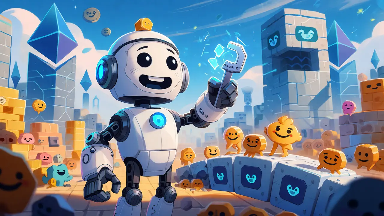 Robot mascot Marvin fixing a bridge for stranded tokens in a crypto marketplace.