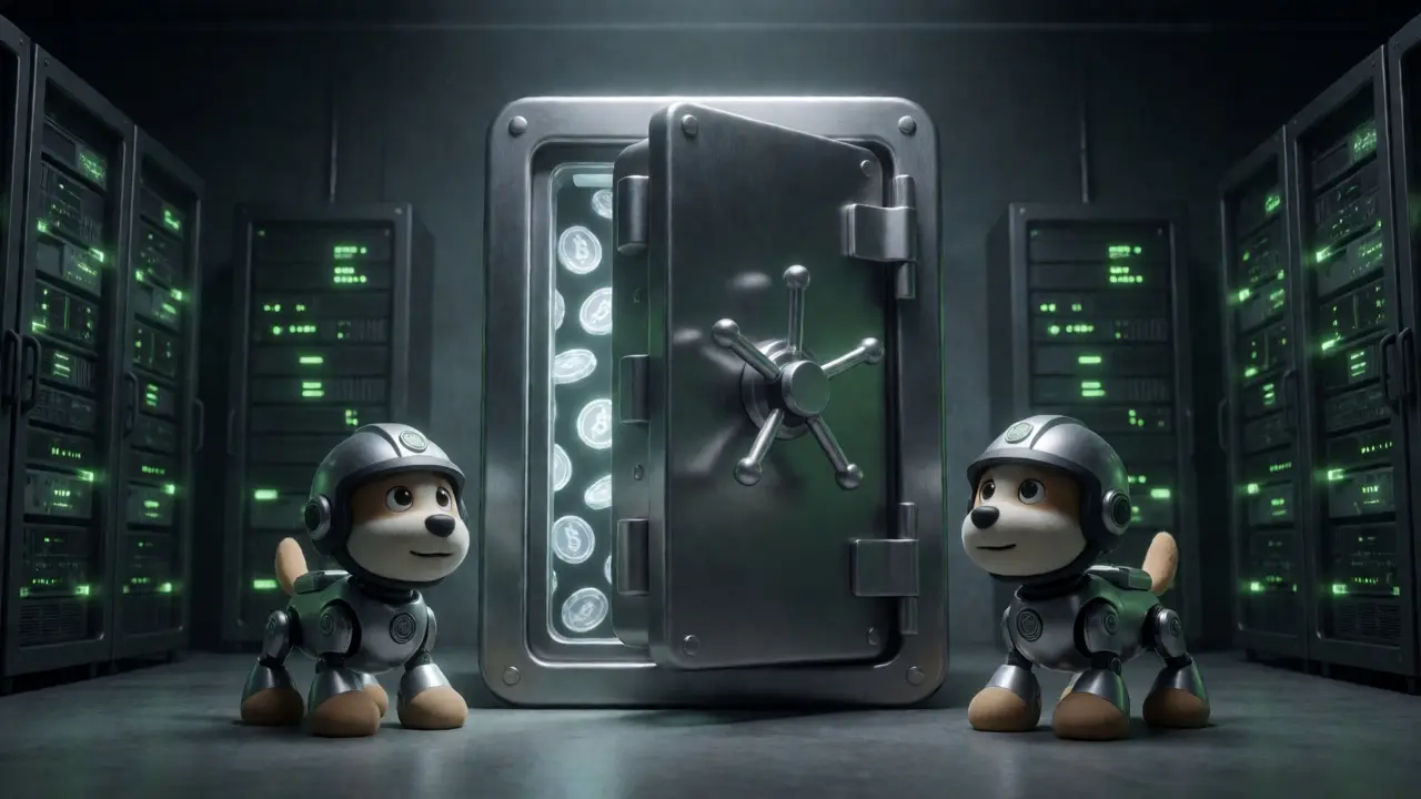 Robotic guards protecting a glowing safe full of digital assets in a secure facility.