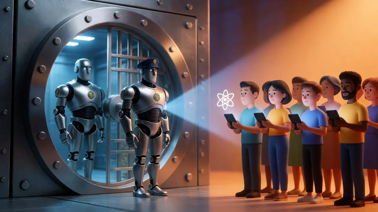 Robotic vault guardian connecting to users' smartphones via a light beam.