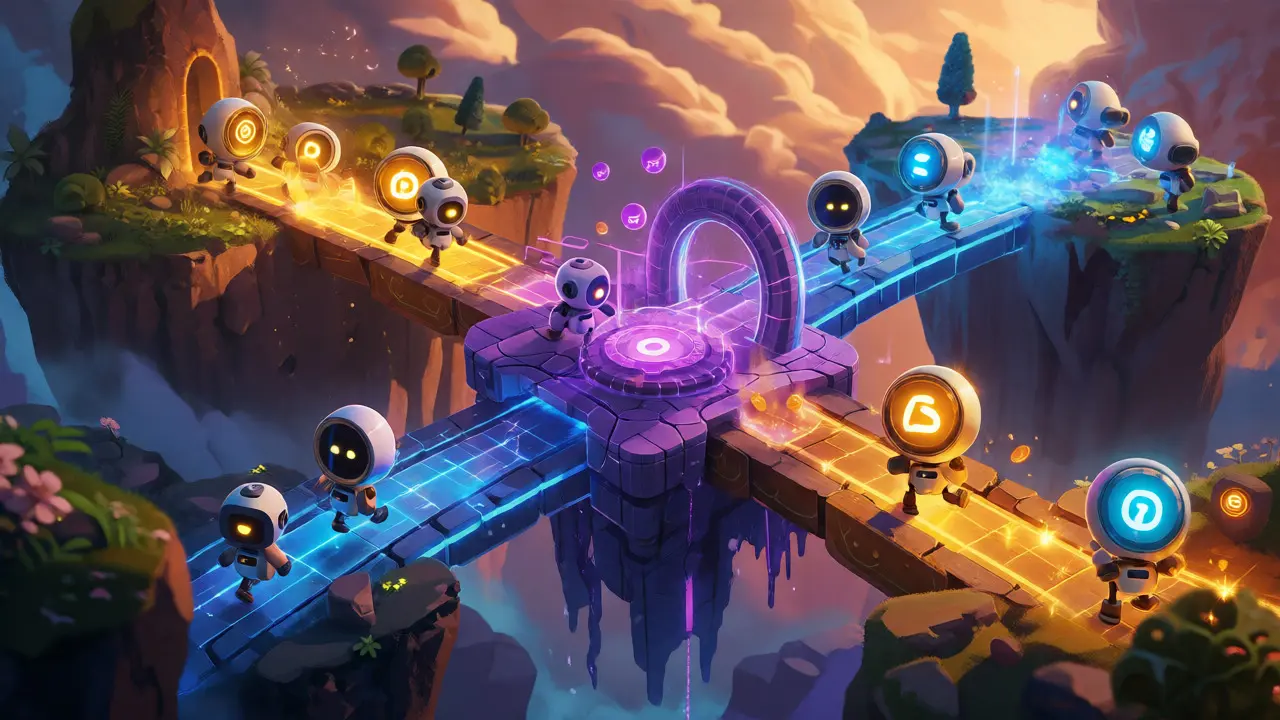 Robots moving tokens across three colorful chain islands representing EDE's multi-chain supply.