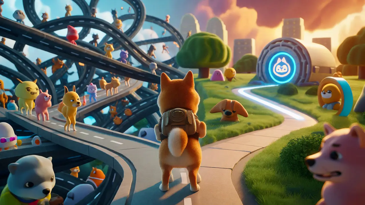 Shiba Inu at a crossroads choosing a streamlined path over a chaotic multi-chain highway.