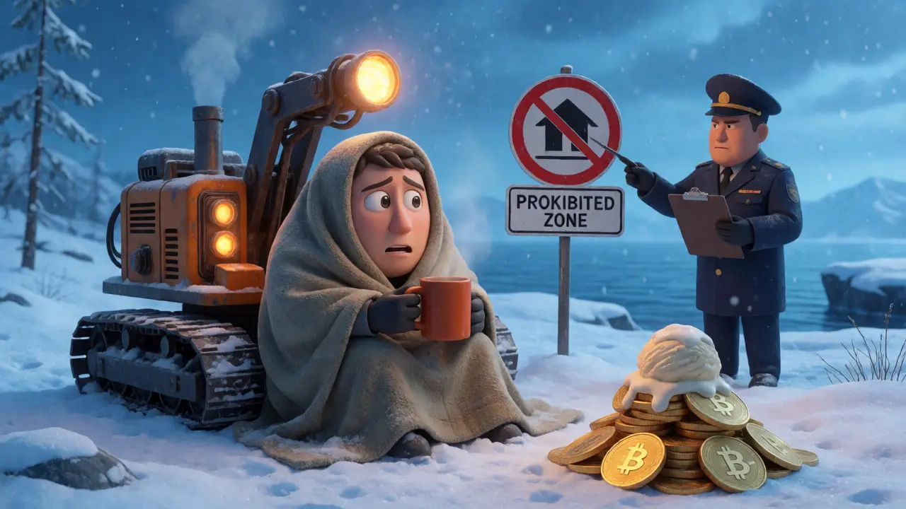 Shivering mining rig in Siberia facing regulatory restrictions and cold.