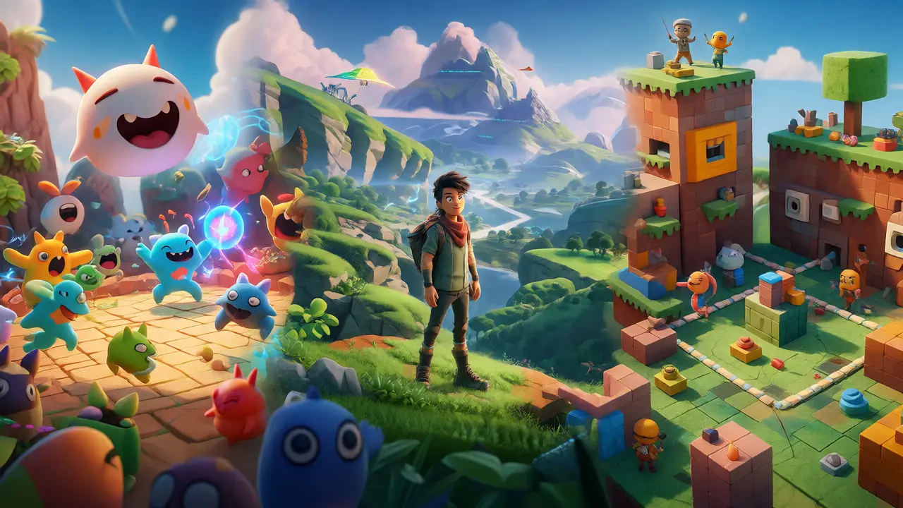 Side-by-side view of monster battles, RPG landscapes, and building blocks