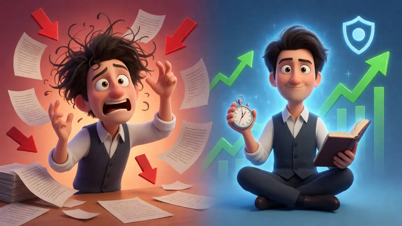 Split view of chaotic versus calm trader demonstrating emotional control techniques.