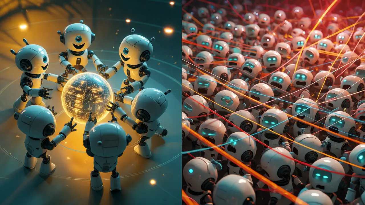 Split view showing easy consensus among few robots versus chaotic tangles among many robots.