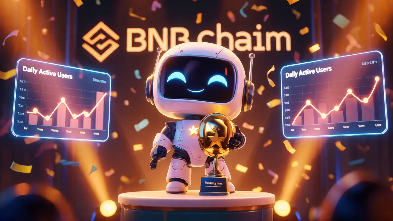 Stylized mascot receiving a Monthly Stars award with data graphics in background.