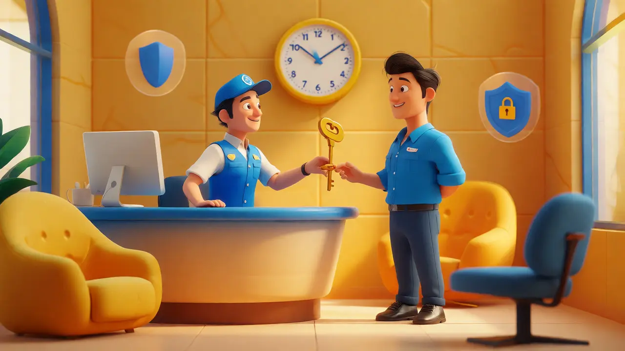 Support agent handing a key to a trader in a warm help desk setting