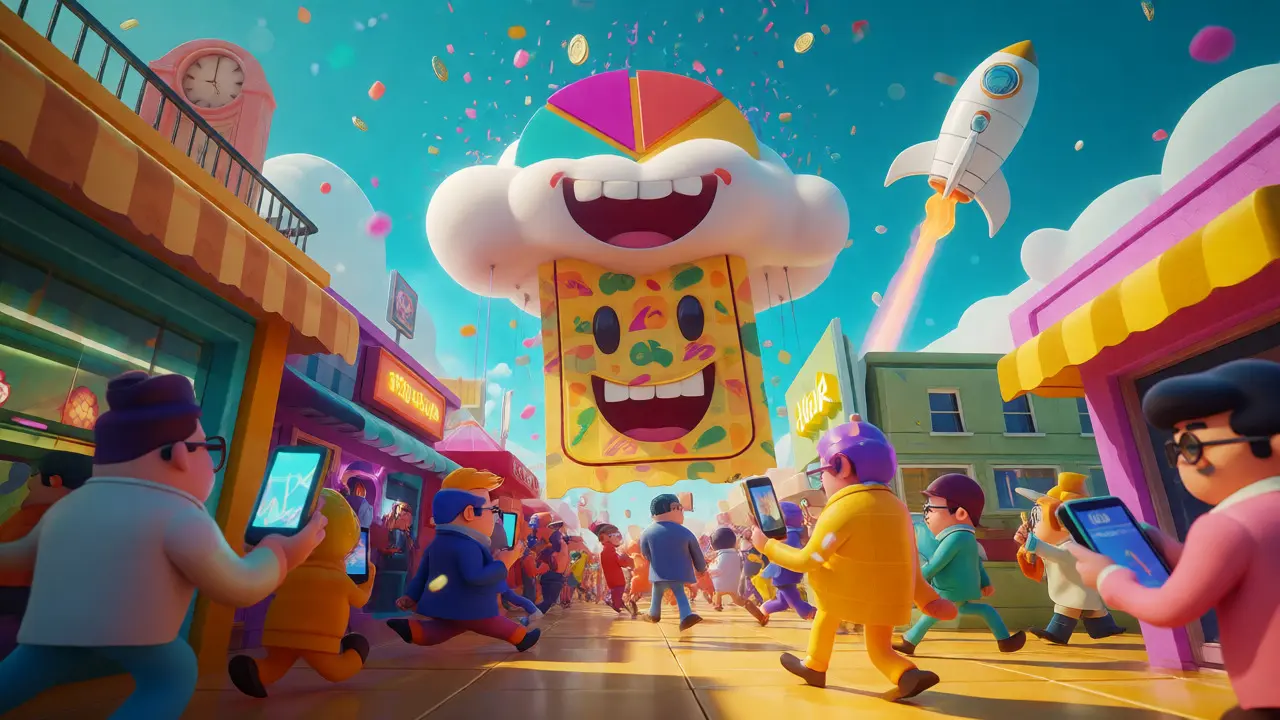 Surreal marketplace with investors and a giant lottery ticket structure.