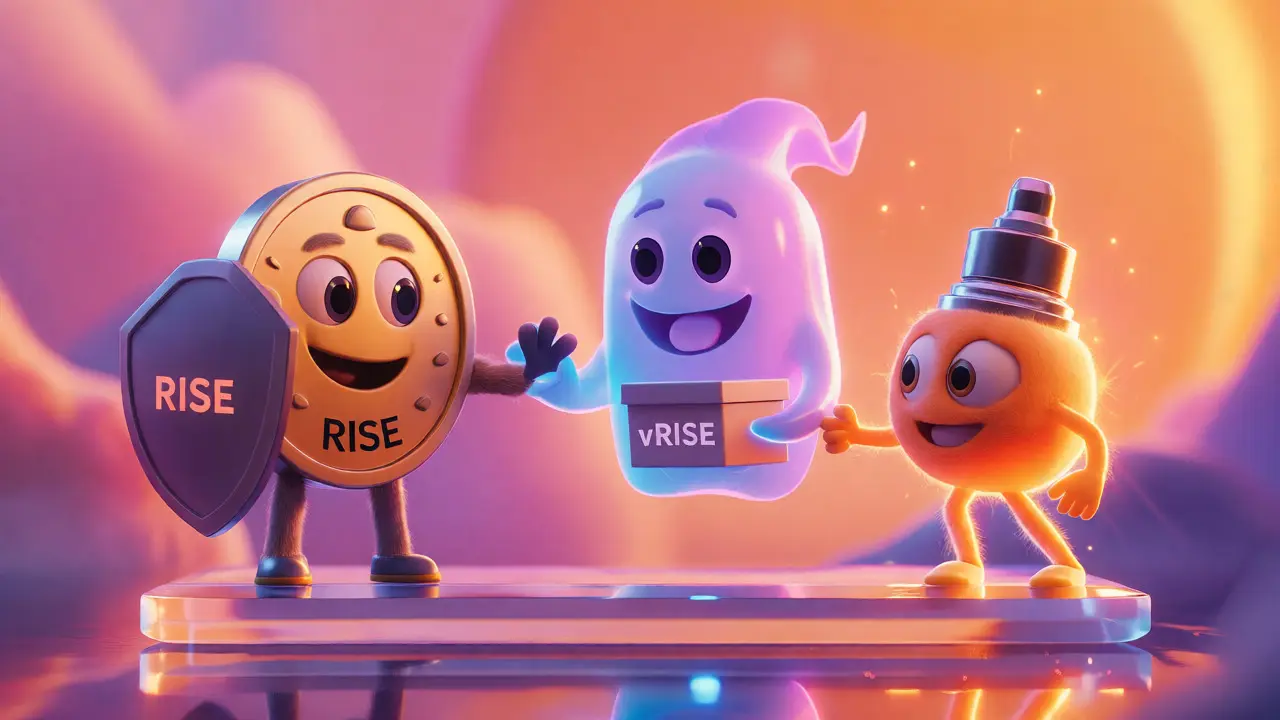 Three cartoon characters representing RISE, vRISE, and USDrise tokens cooperating