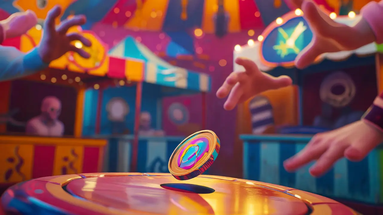 Tiny crypto coin balancing precariously on a chaotic carnival ride