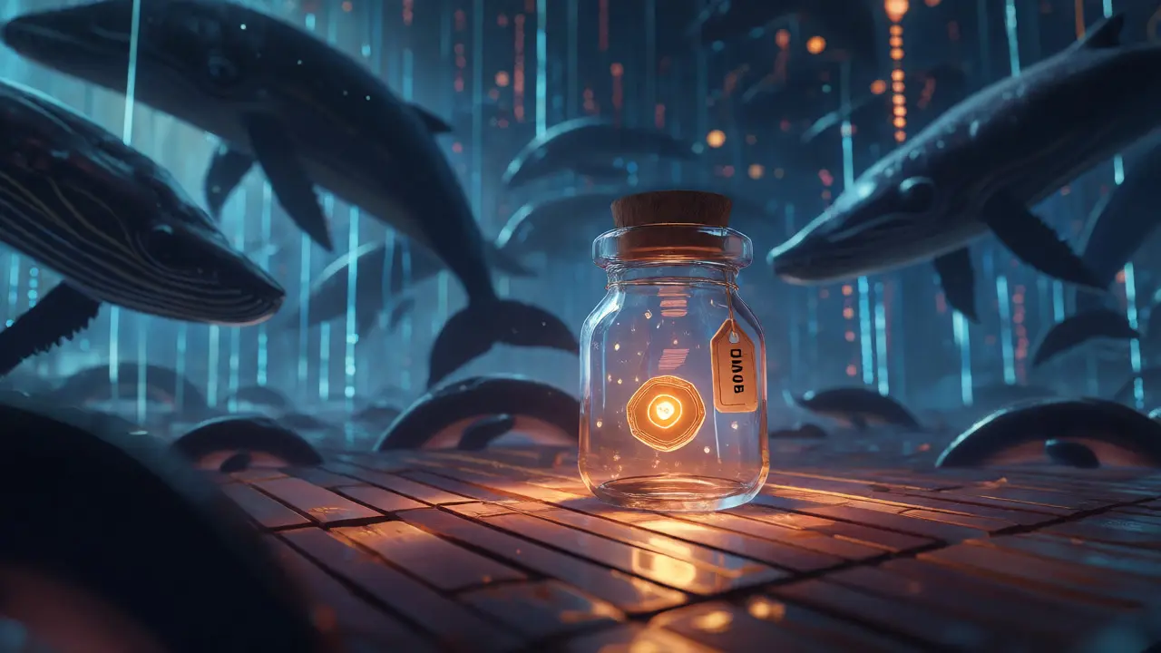 Tiny glowing token in a glass jar surrounded by large, indifferent whale figures.