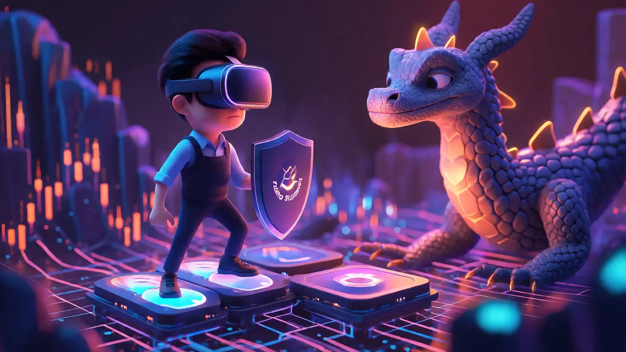 Trader with VR headset facing a volatility dragon on a liquidity pool platform in Pixar style.