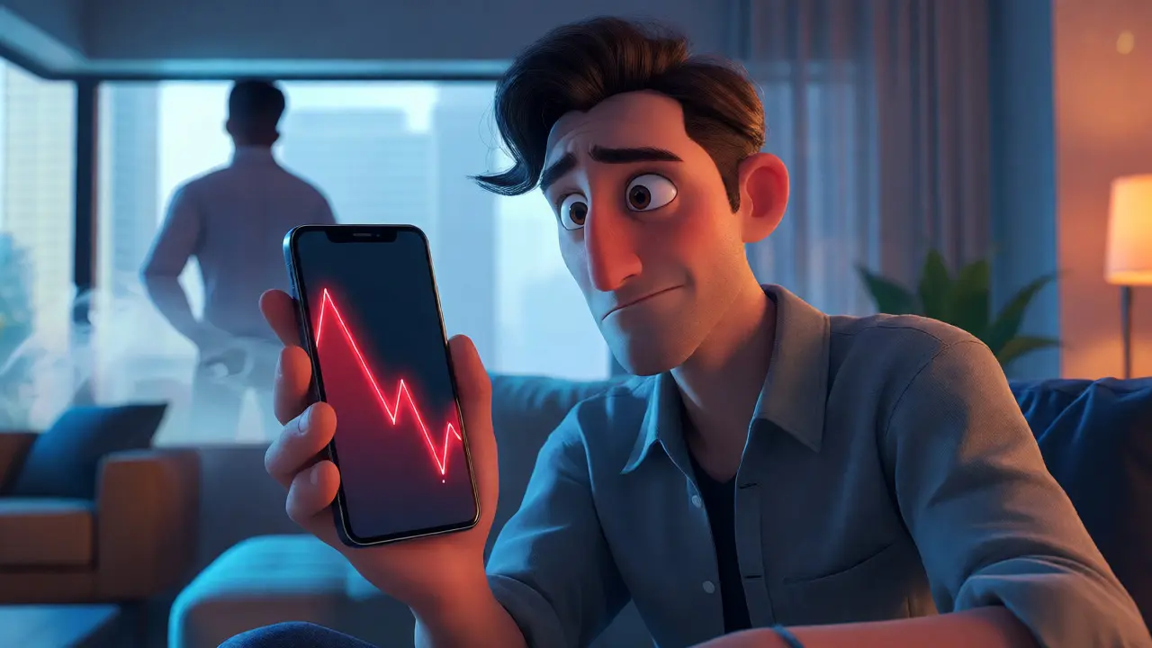 Worried investor viewing a declining price chart on a smartphone
