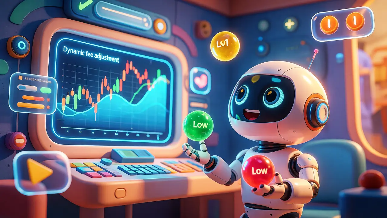 A cute robot juggling fee orbs in a colorful high-tech control room