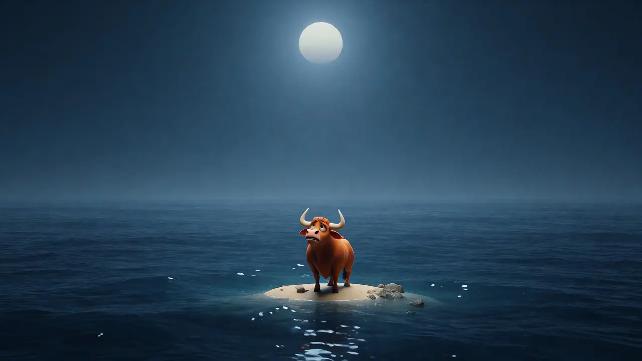 A lone cartoon bull standing on a tiny island in a vast ocean, looking at a distant sun.