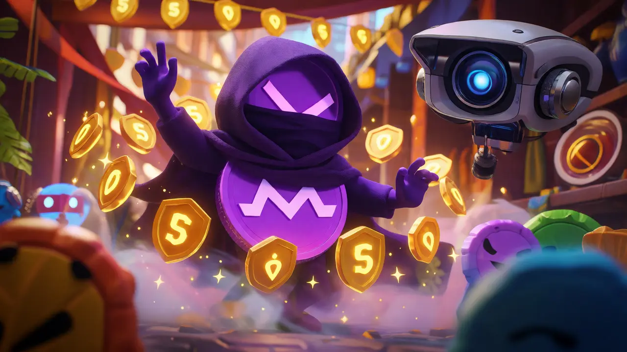 A masked Monero character dodging a surveillance drone in a digital marketplace.
