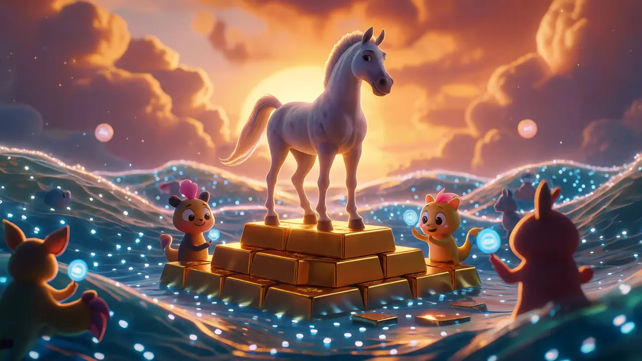 A mature digital horse standing on gold bars surrounded by community members in a stable market scene.