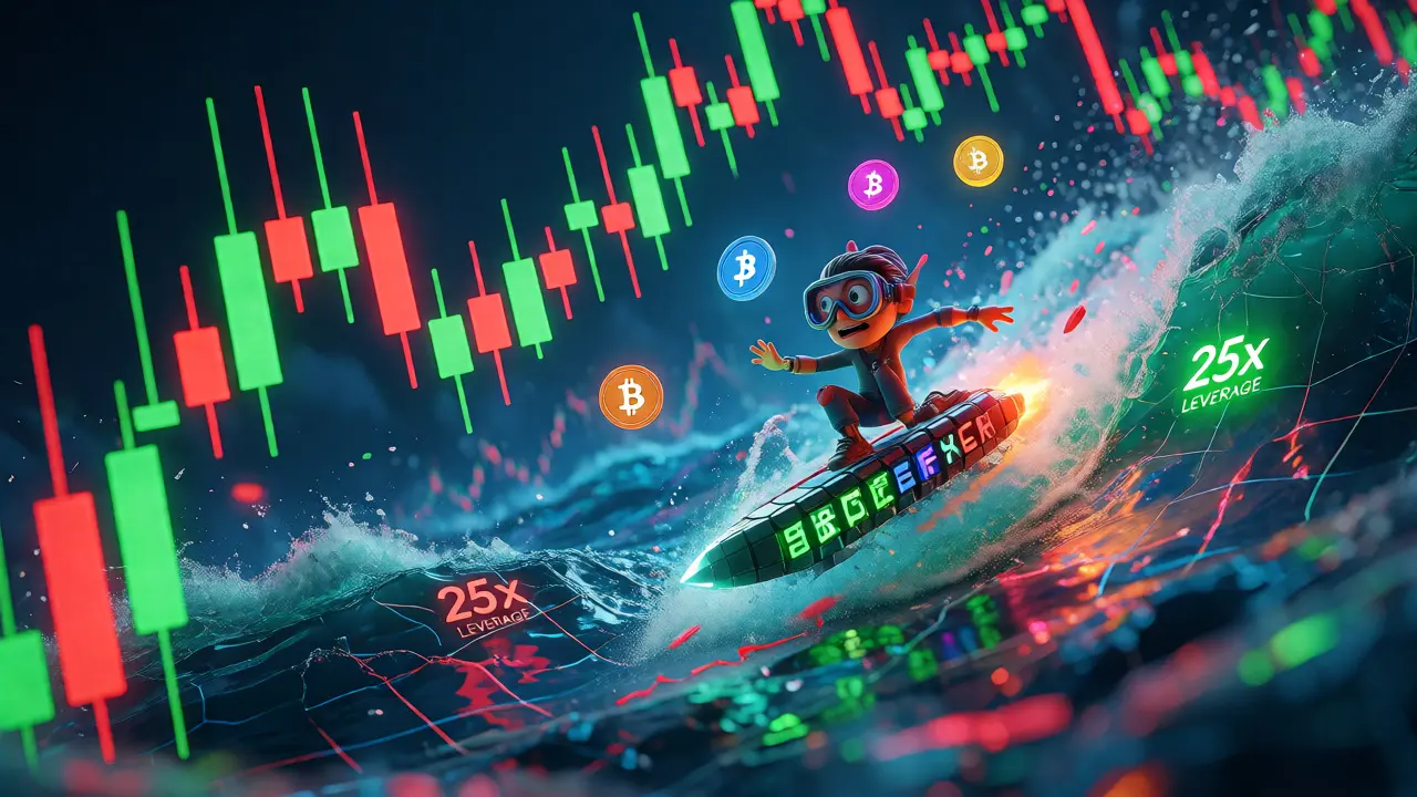 A trader surfing on volatile chart waves while catching altcoin orbs.