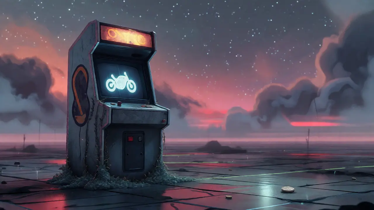 An abandoned arcade machine covered in digital vines in a desolate, twilight digital landscape.