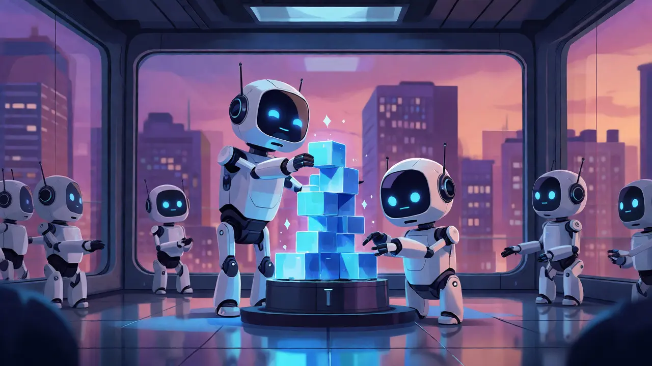 Animated robots stacking glowing blocks in a secure vault to generate staking rewards