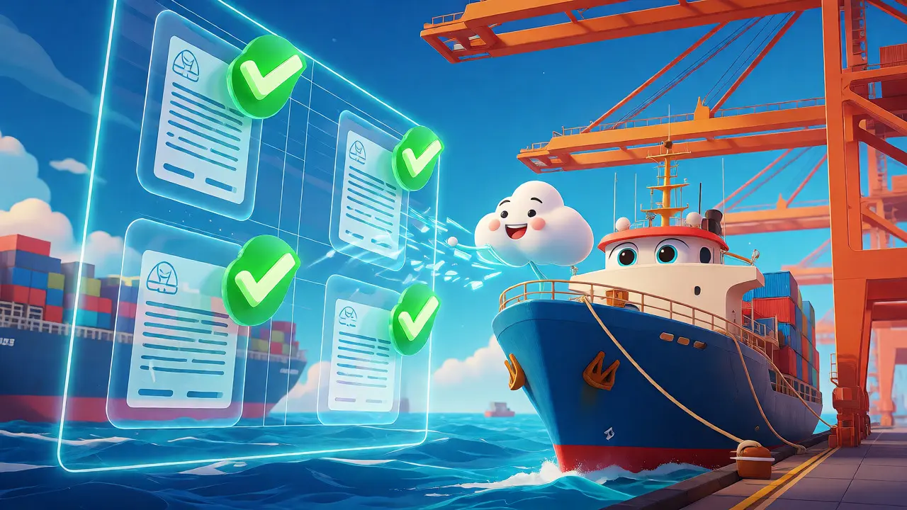 Animated scene of automated trade finance at a port with smart contract verification.