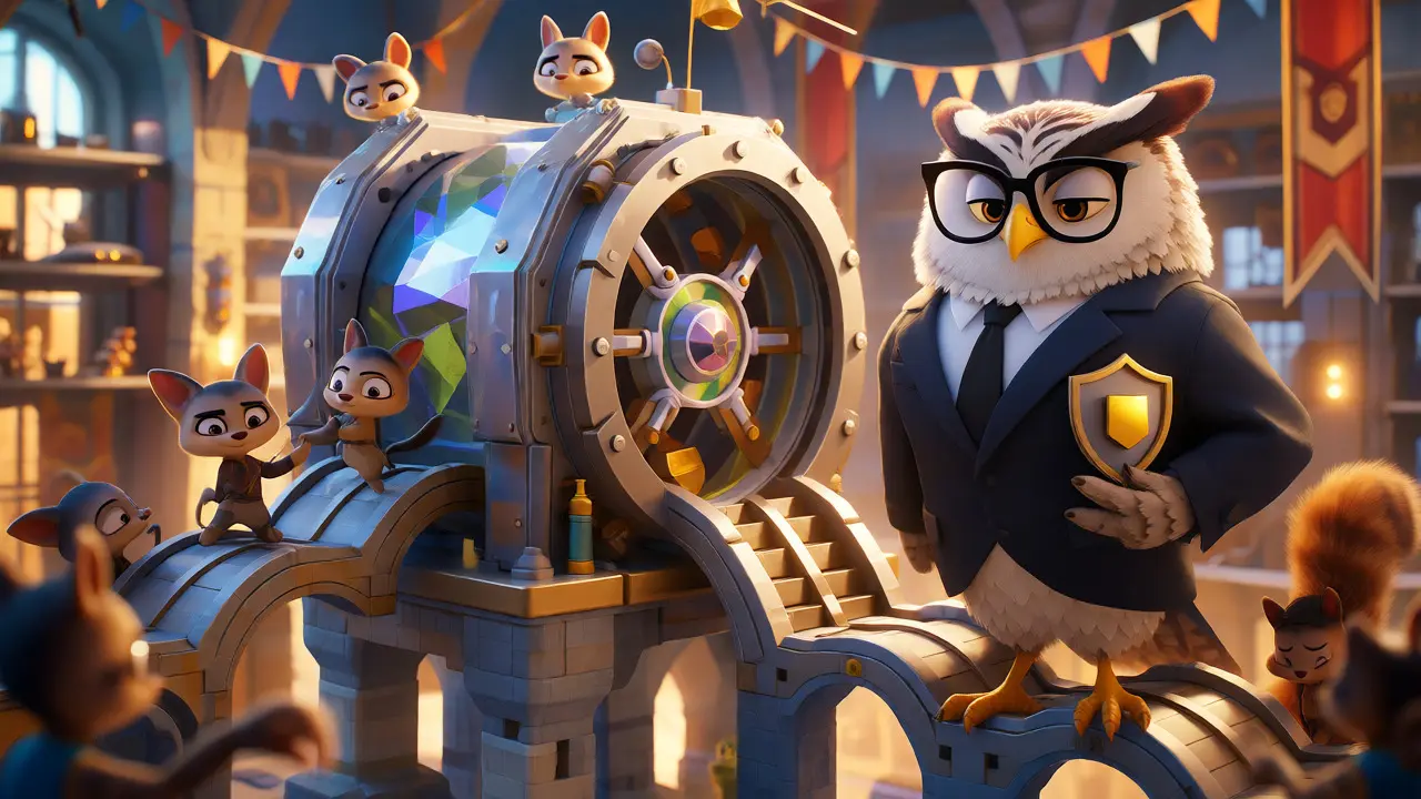 Business owl and squirrels securing a crystal vault for institutional funds.