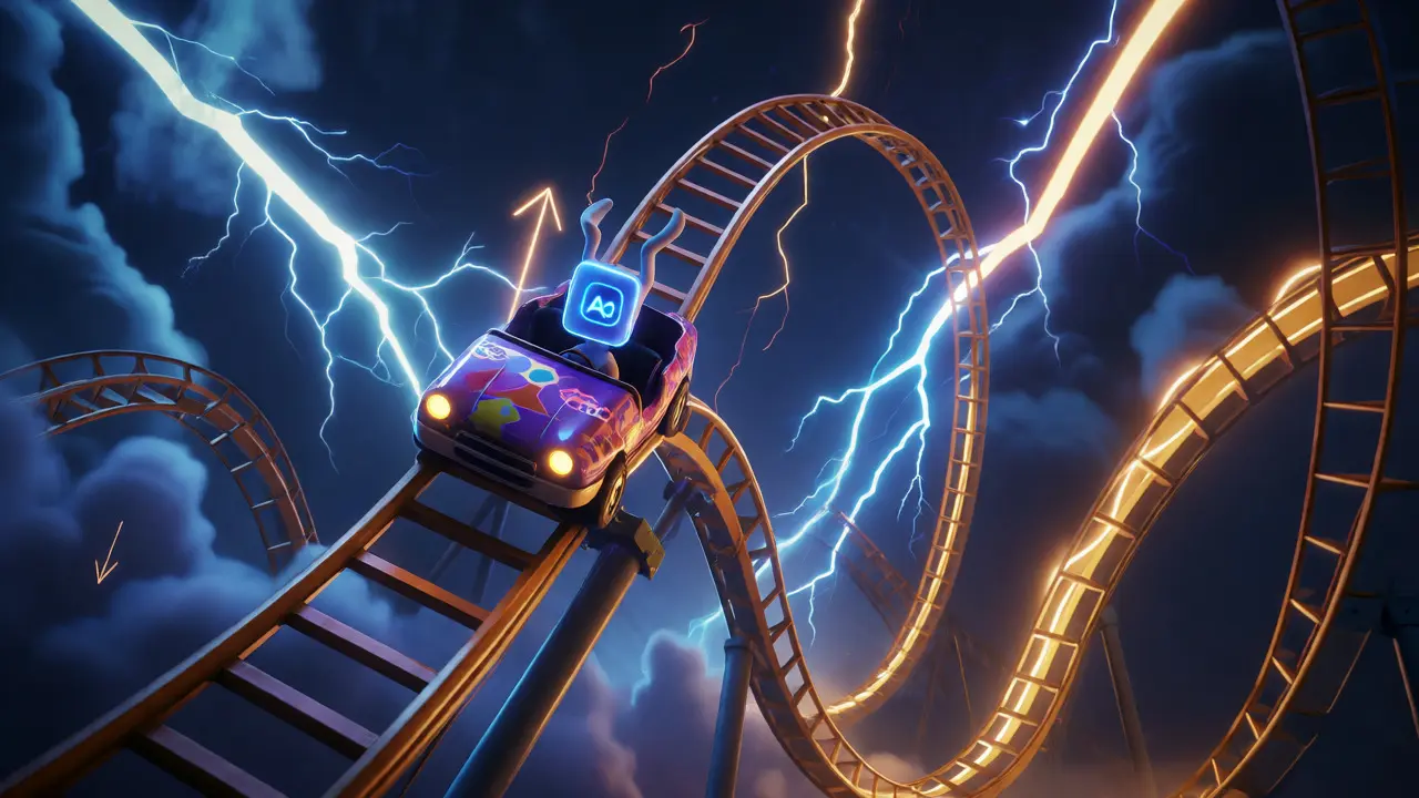 Cartoon car on a volatile rollercoaster amidst lightning storms